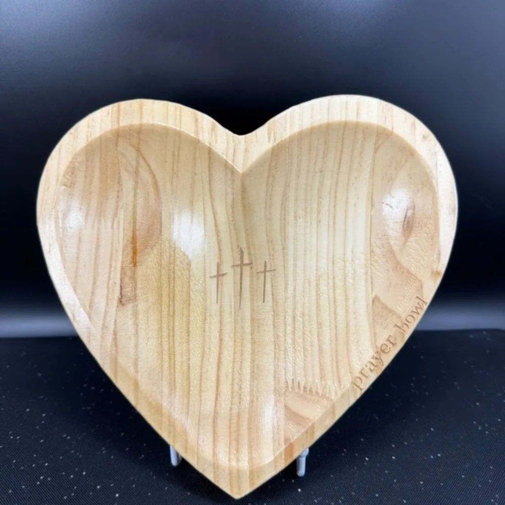 Handcrafted Heart Shaped Wooden Prayer Bowl with Engraved Crosses and Rim‎ Text